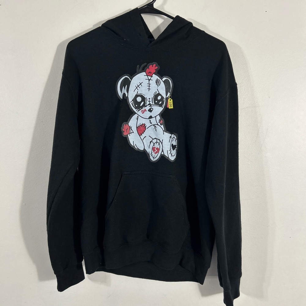 Broken Hearted Hoodie Mens Small Black Stitched Teddy Bear Graphic Streetwear